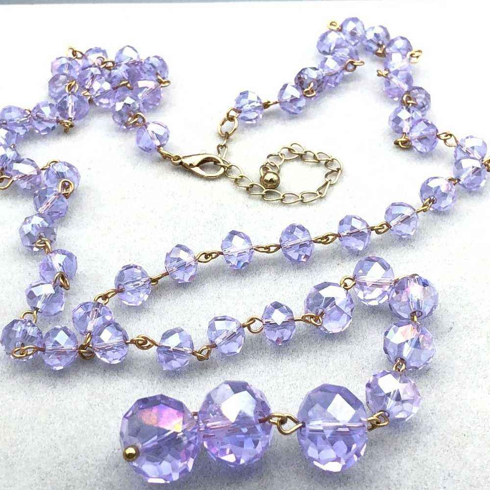 Crystal‎ Y-Drop Necklace Lavender Purple Faceted Glass Beads Gold Tone Lariat